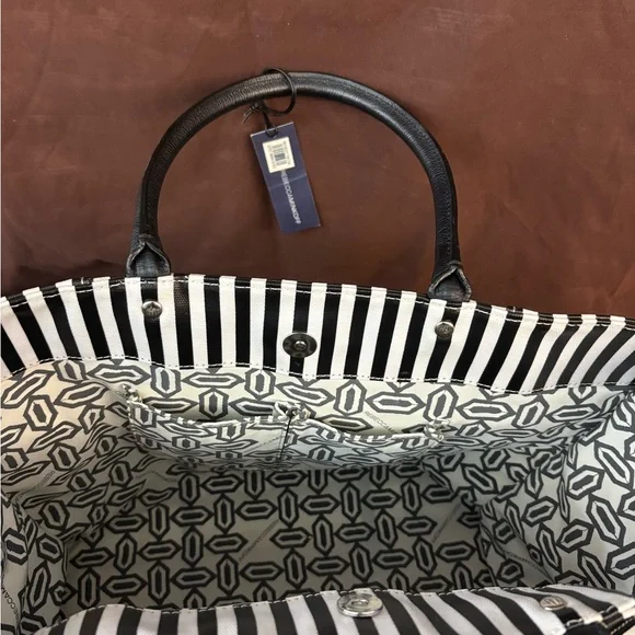 Rebecca Minkoff MAB Tote Black White Stripe Canvas Leather Handles - Picture 10 of 10